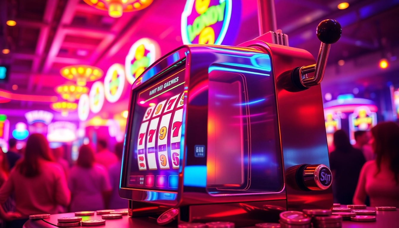 Mainkan slot dengan mesin berwarna cerah yang berderet di kasino yang ramai.