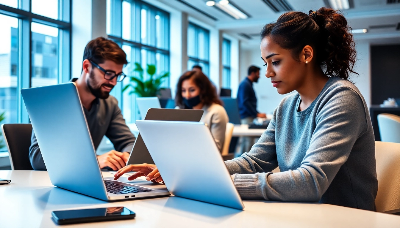 Engaging scene of professionals collaborating on remote Python jobs in a modern office.