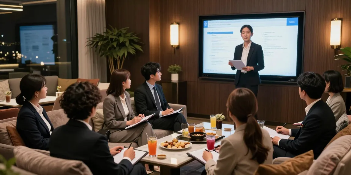 강남쩜오구구단에서 비즈니스 미팅 중인 다채로운 전문가들 모습, 고급스러운 공간에서 제공되는 프리미엄 서비스 강조