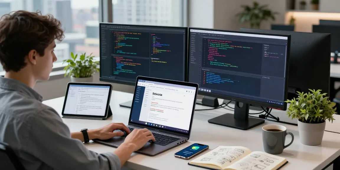 Developer using Telegram interface for 纸飞机下载 in a modern tech workspace with coding setup and city view.