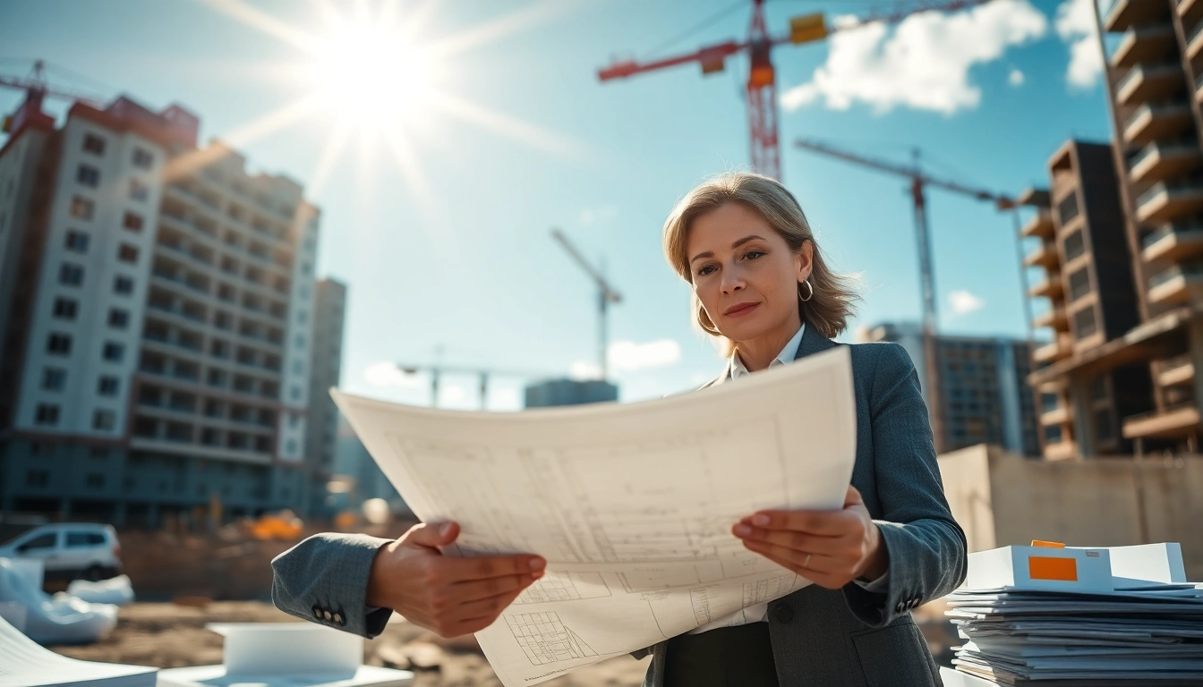 Commercial building developer reviewing construction plans with enthusiasm amidst building site.