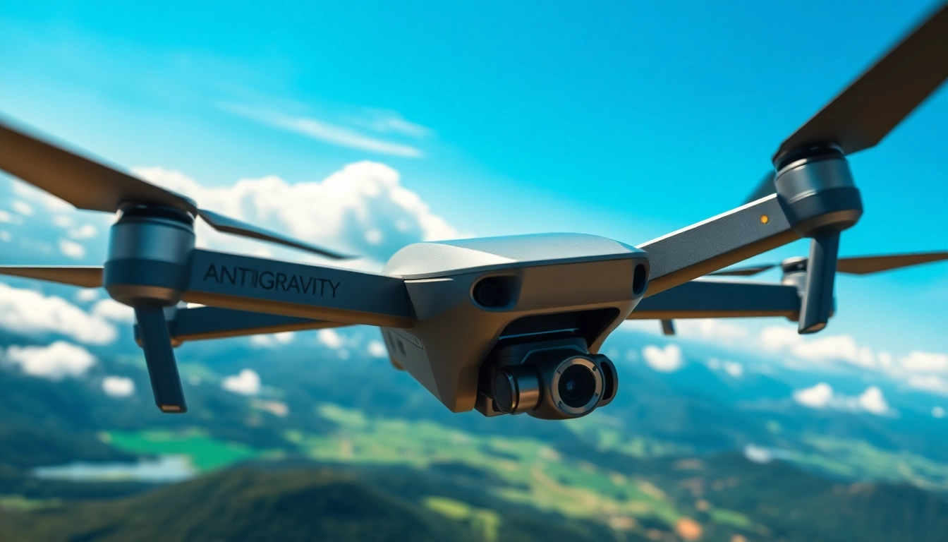 Capture of the Insta360 Antigravity A1 drone flying high above a scenic landscape with blue skies.