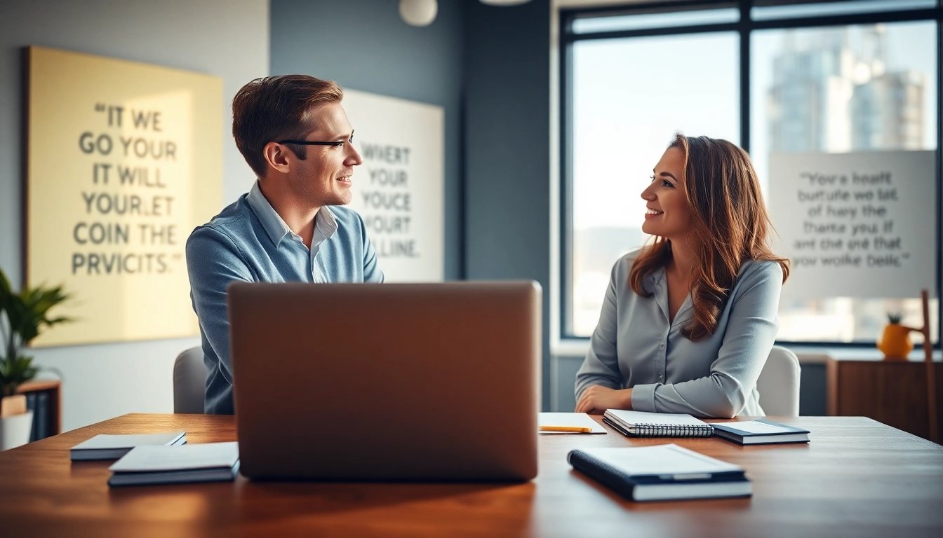 Sales coach demonstrating personalized coaching techniques with a client in a bright office.