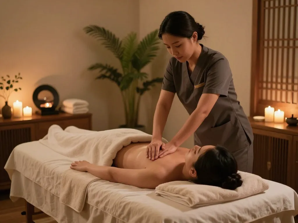 Experience a soothing 천안스웨디시 massage in a tranquil spa setting with candles and ambient light.