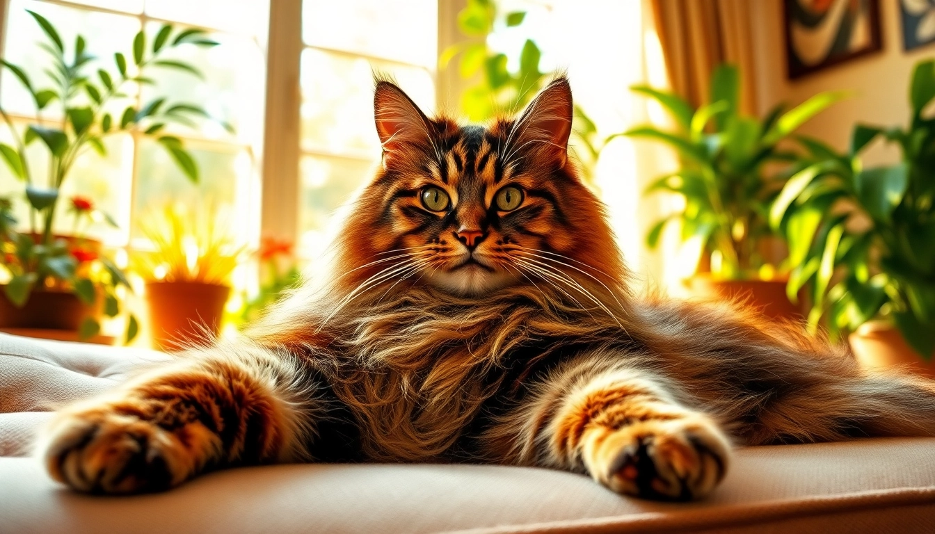 Maine Coon cats for sale Sacramento in a cozy living room setting with vibrant houseplants.