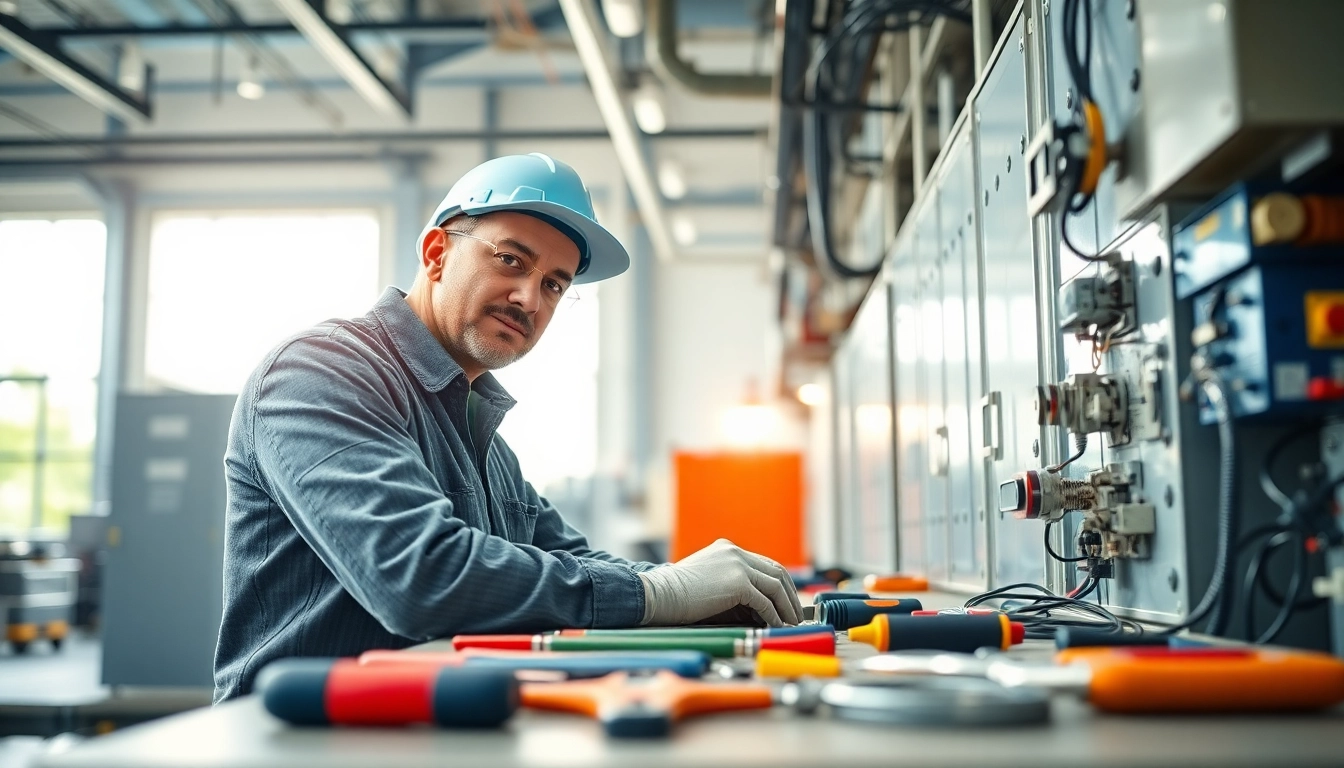 Electrician performing electrical maintenance edmonton in a bright workshop setting with tools.