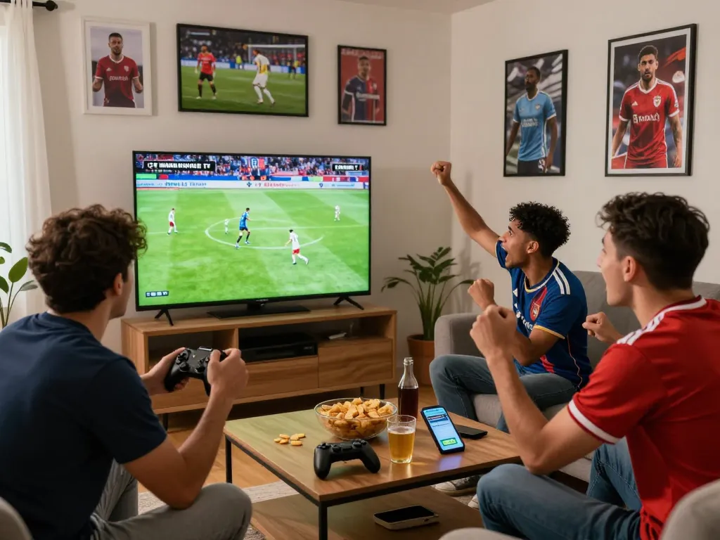 Cakhia tv fans engaged in live football match viewing at home, with snacks and drinks on the table.