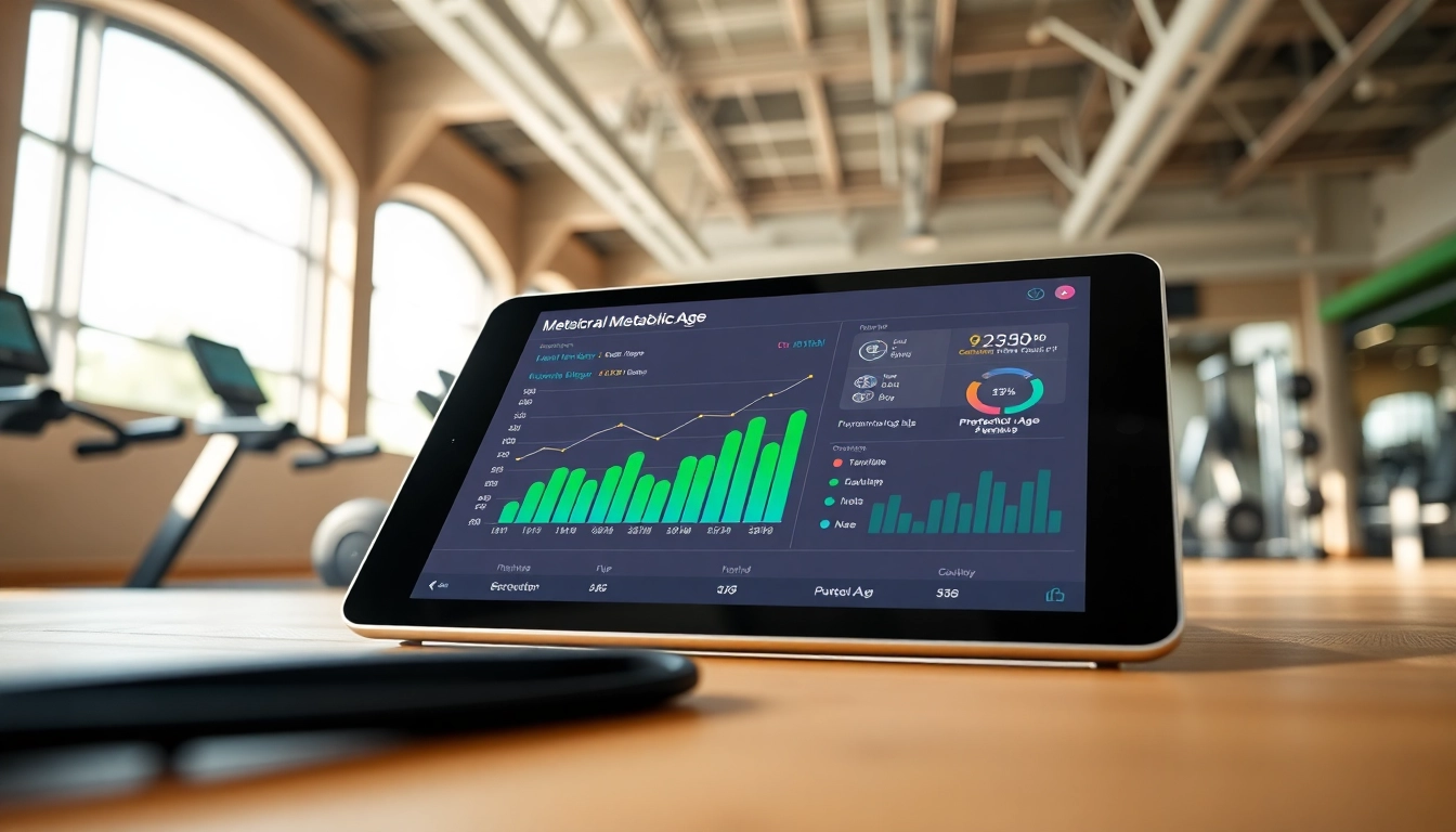 Analyze your metabolic age calculator results on a tablet in a bright gym environment.