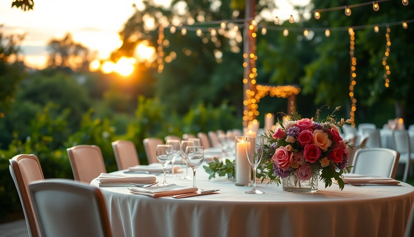 Capturing a romantic Clarksburg wedding reception setup amid beautiful greenery and sunset hues.