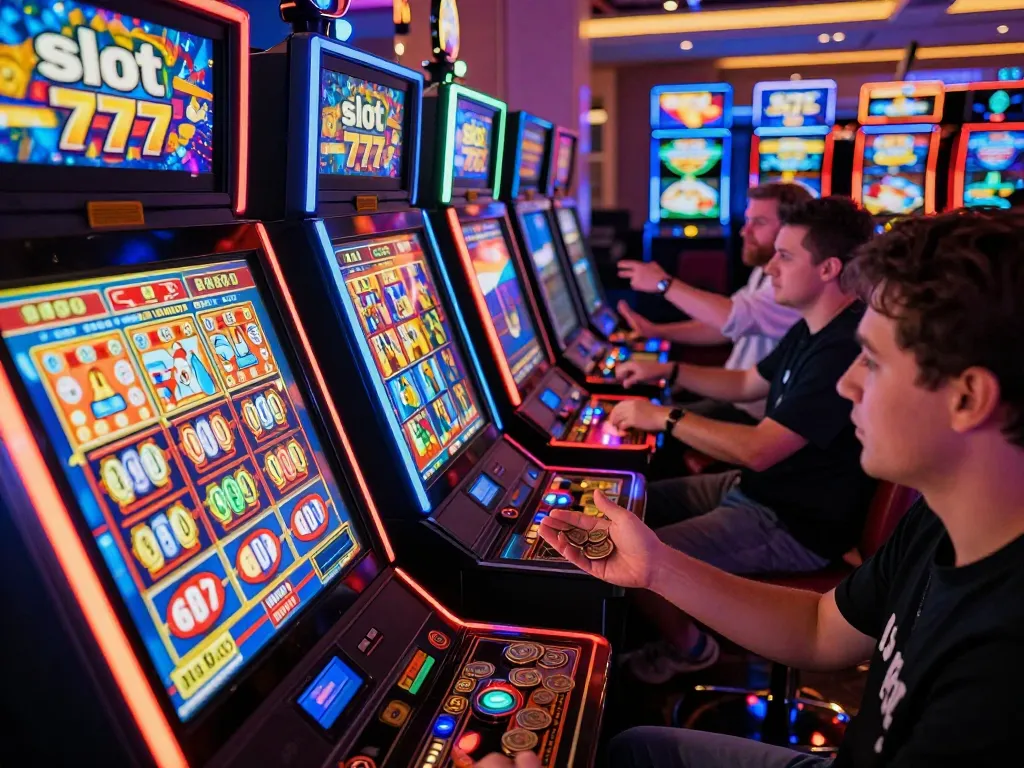 Engaging players celebrating wins at slot 777 machines on a vibrant casino floor