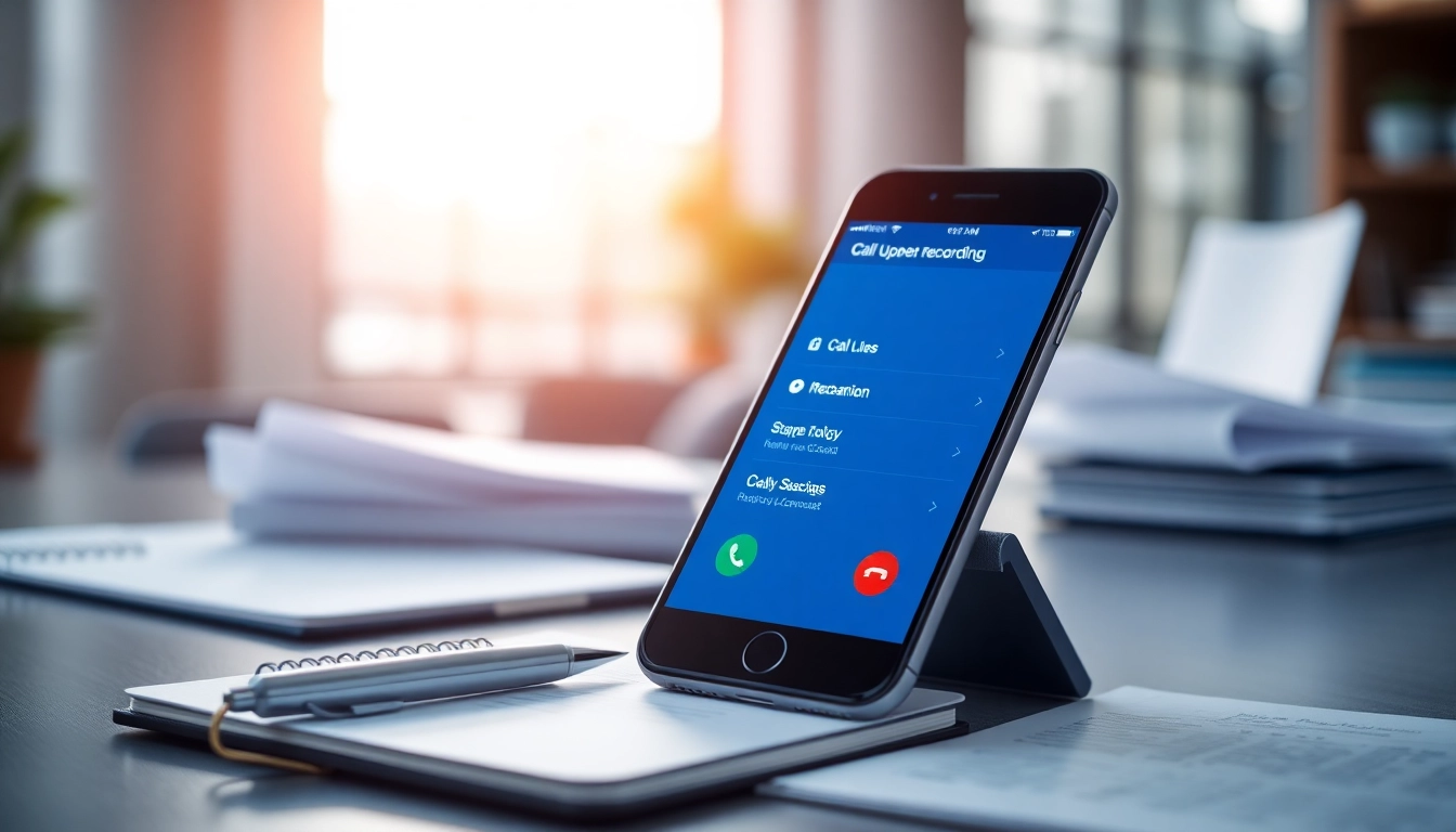 Capture of call recording settings on a smartphone in a professional workspace.