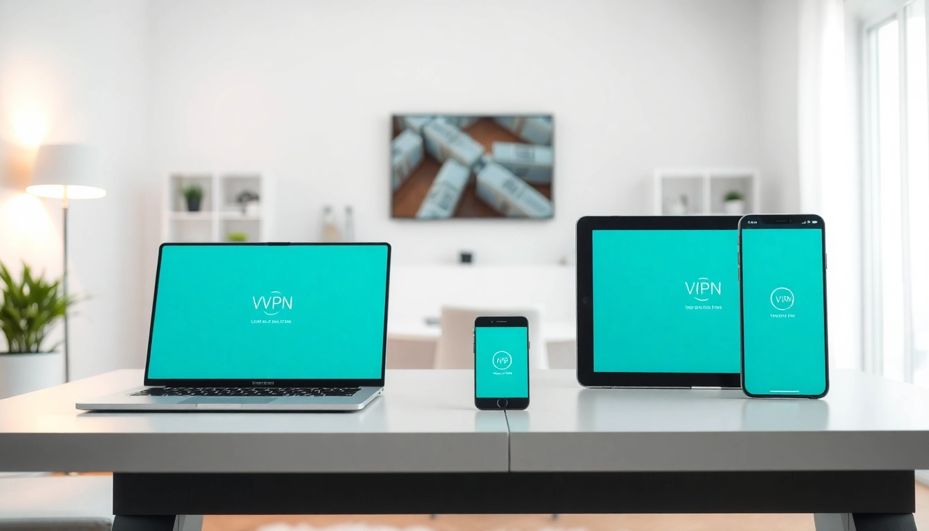 快连VPN app interface displayed on multiple devices in a modern office setting.
