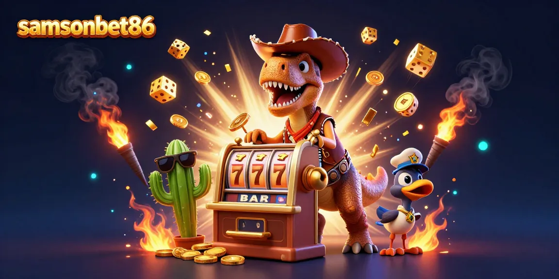 Experience thrilling wins with samsonbet86 in a dynamic casino illustration featuring a vibrant slot machine and cartoon characters.