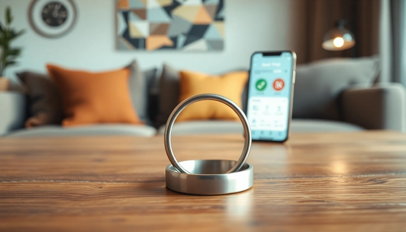 Showcase a Smart Health Ring on a wooden table, emphasizing modern lifestyles and health tracking.