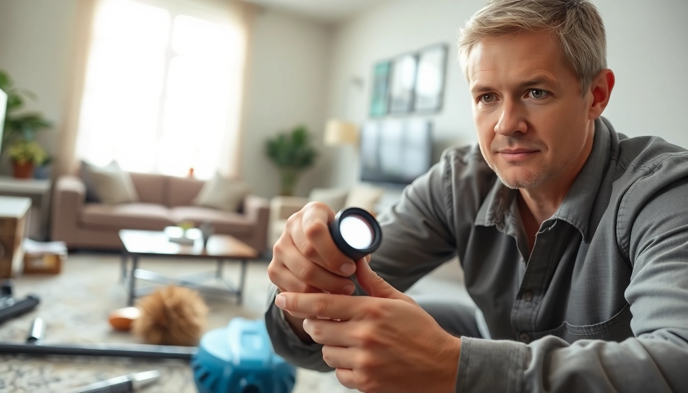 Technician performing bed bug removal procedures in a clean, modern home setting.