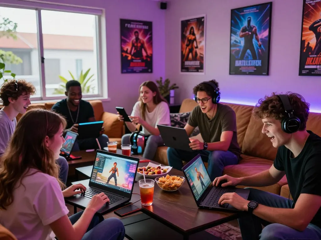 Playing various porn games online in an energetic gaming lounge, showcasing excitement and social interactions