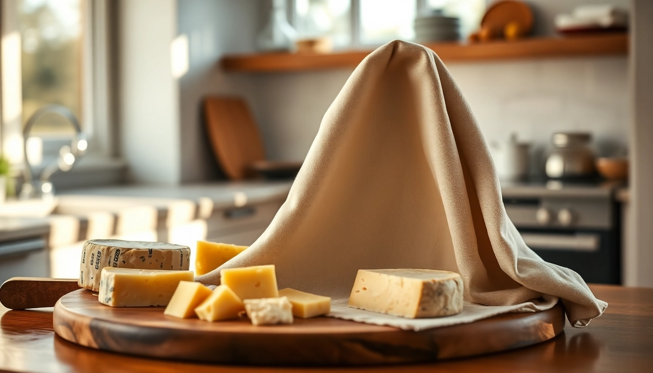 Kaasdoek elegantly displayed on a wooden cheese board with artisanal cheeses.