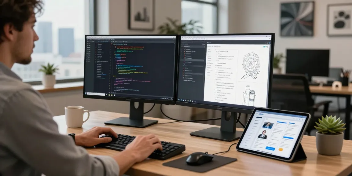 Developer in a tech workspace showcasing 纸飞机中文版官网 as part of a modern digital communication setup.