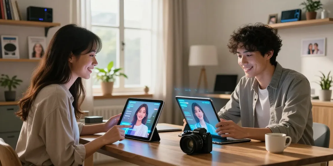 AI girlfriend interaction in a modern home study, showcasing virtual relationship technology.