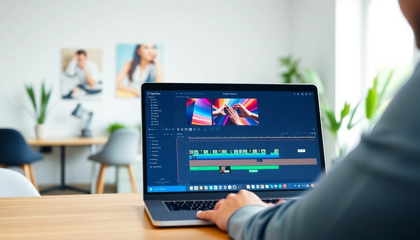 Utilizing the SRT Generator on a modern laptop in a vibrant workspace for video editing.