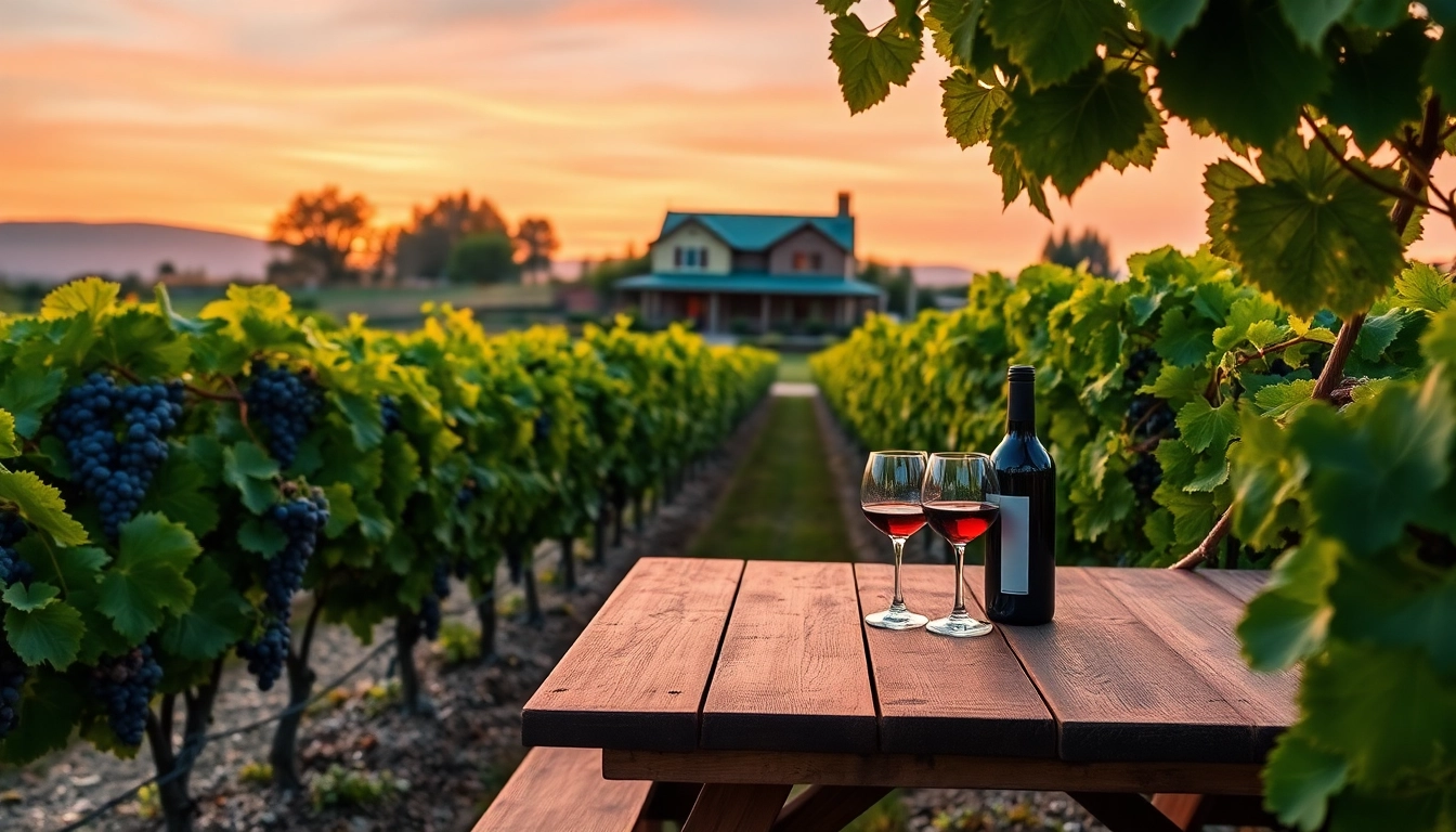 Clarksburg wineries highlighting picturesque vineyards at sunset with rustic wine accessories.
