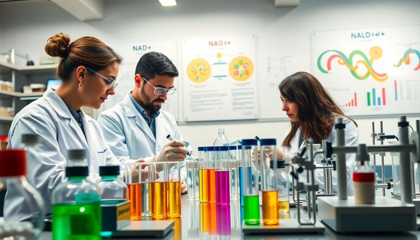 Examine NAD+ in a professional laboratory setting with scientists and colorful samples.
