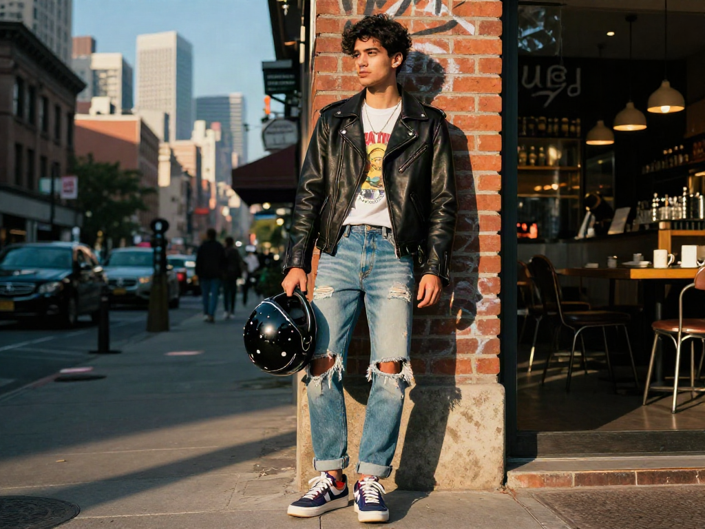 Individual showcasing a trendy leather jacket in an urban setting, blending fashion and lifestyle.