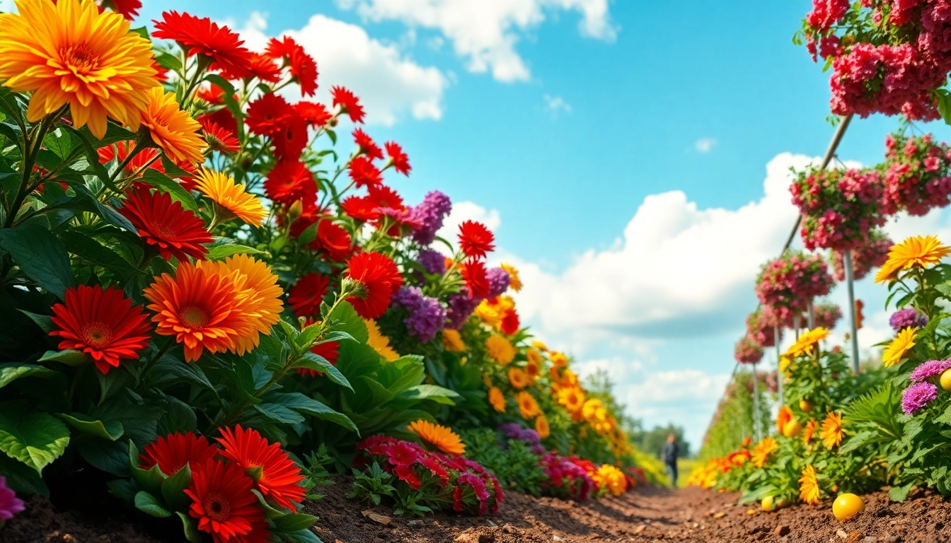Gardening scene showcasing vibrant flowers, fruits, and vegetables in a colorful outdoor setting.