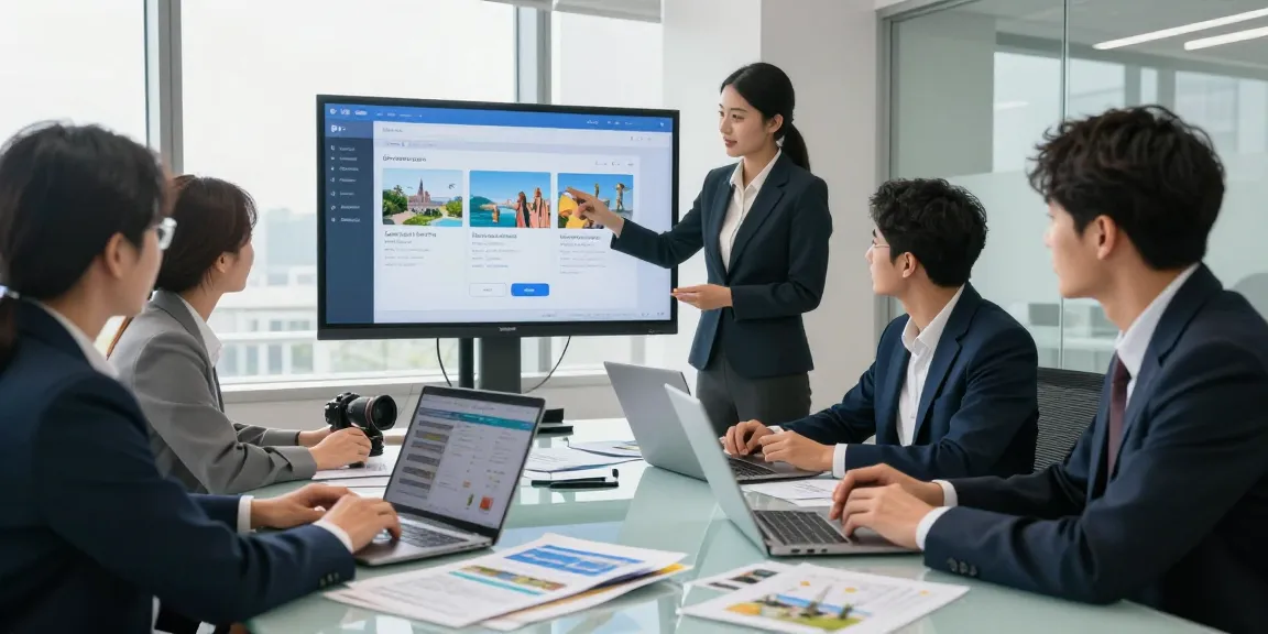 Agents collaborating on a client portal for travel agents in a bright modern office setting