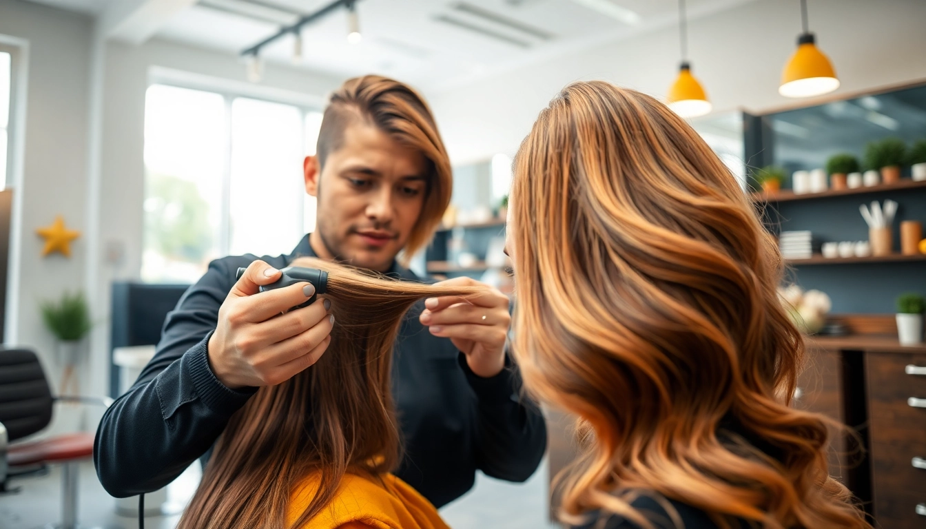 Crearea unui hairstyle bucuresti modern pe un model frumos în salon.