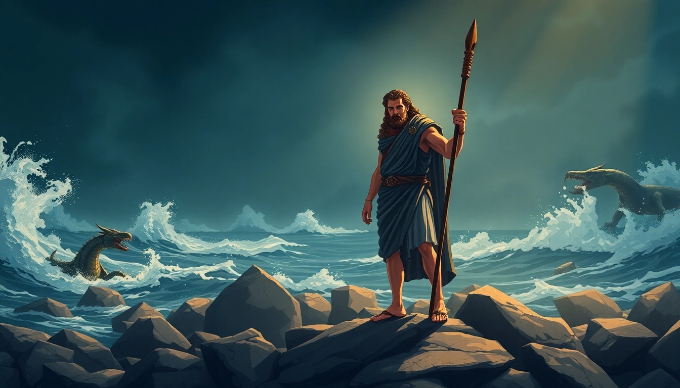 Odyssey meaning origin depicted through Odysseus on a rocky shore facing stormy seas.