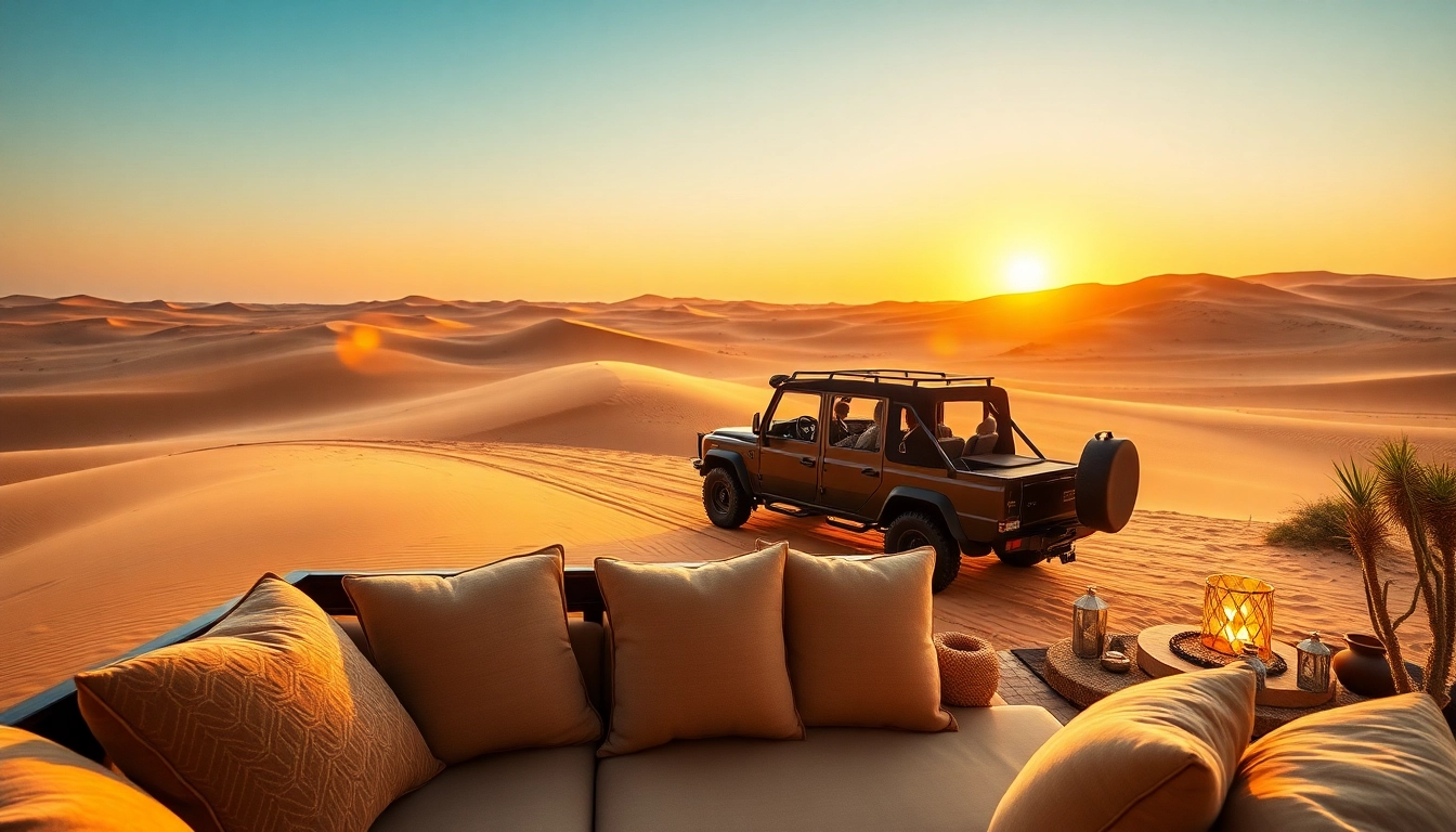 Experience the luxury of a vip desert safari dubai with stunning sunset views and plush seating.