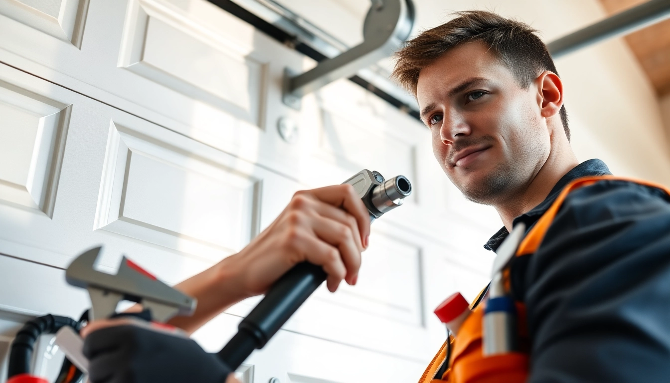 Technician performing Garage Door Repair Vancouver, Wa with tools in a bright home garage.