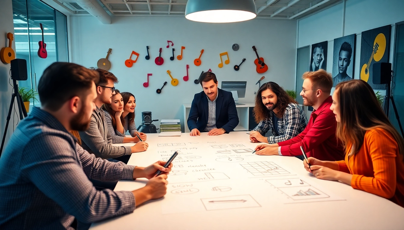 Engaged team at a music pr firm strategizing in a modern office environment.
