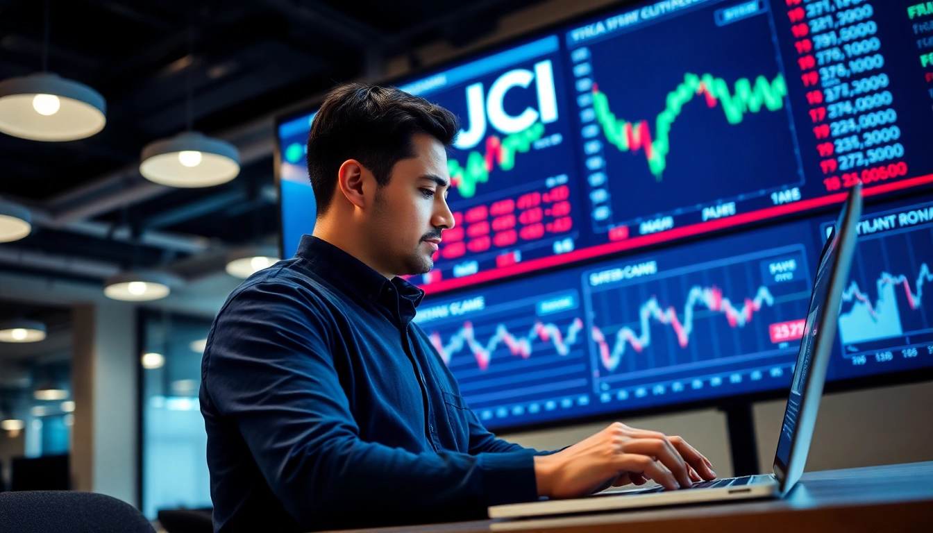View of JCI stock price analysis with professional setting and dynamic stock ticker.