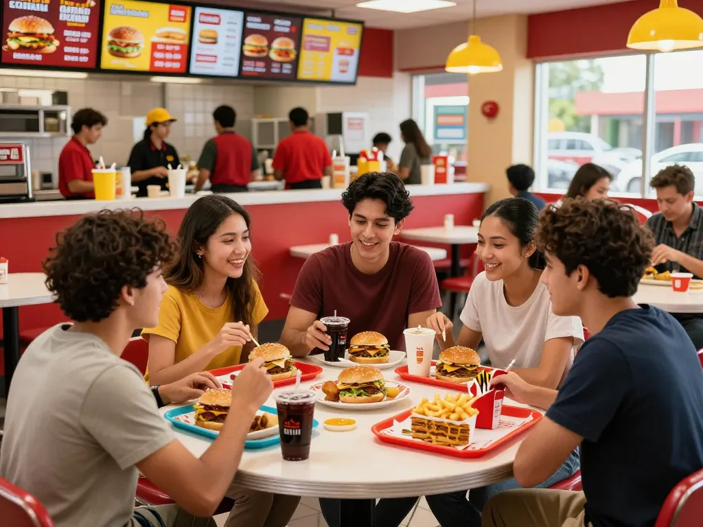 Fast food prices displayed on a menu board in a busy restaurant atmosphere with customers enjoying their meals.