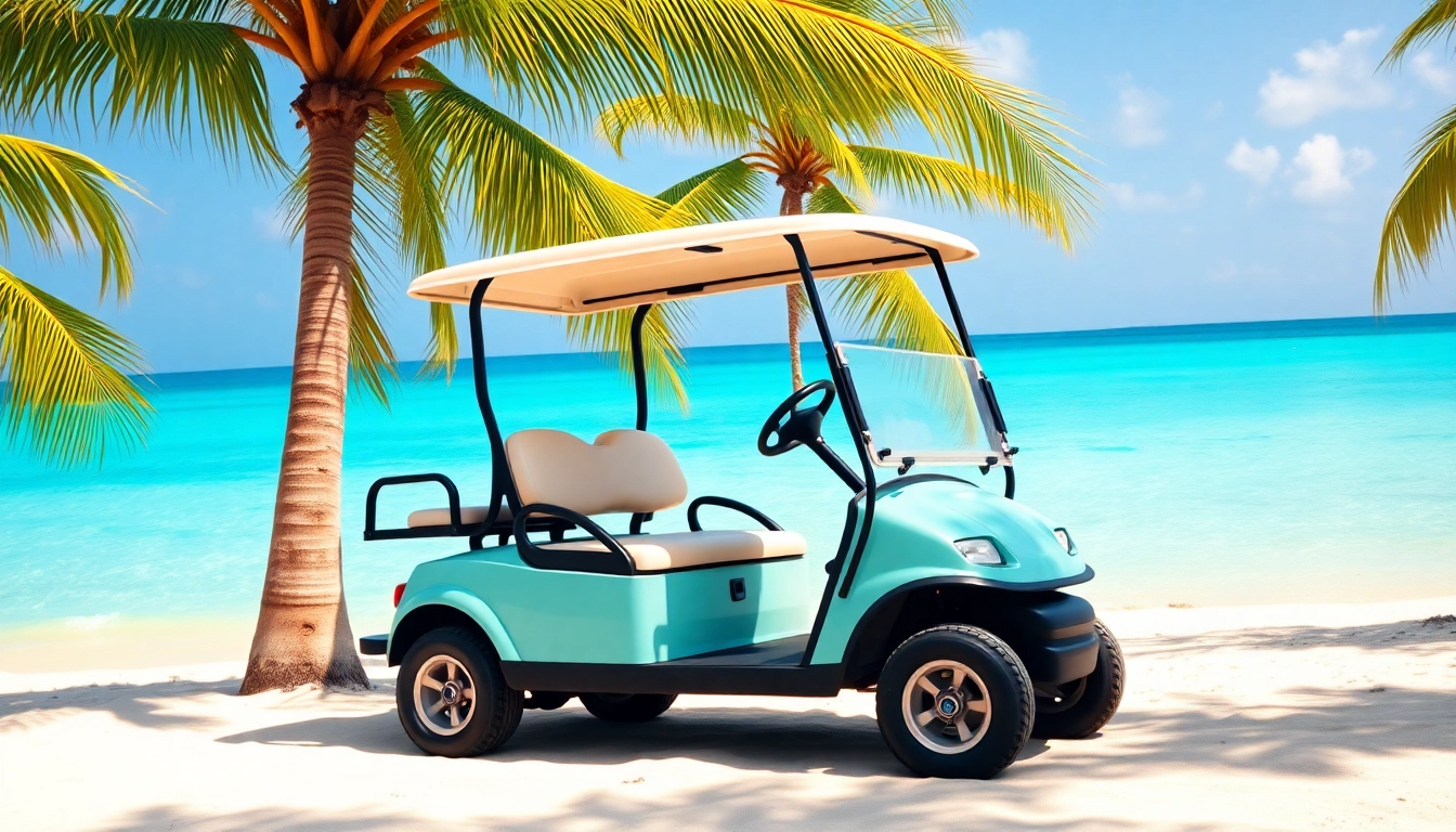 Experience Golf Cart Rental San Pedro Belize with a stylish cart by the beach.