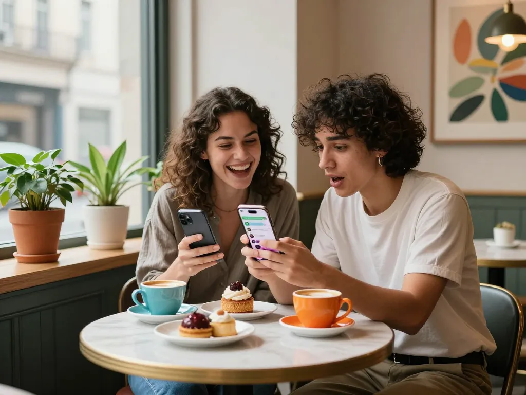 Engaging spicy chat interaction in a trendy café, friends enjoying vibrant conversation on smartphones.