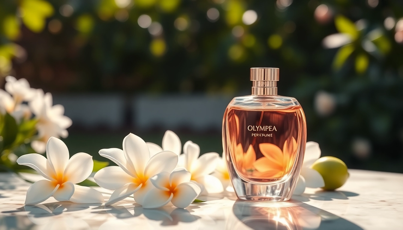 Olympea perfume bottle displayed elegantly with fresh flowers and a soft garden background.