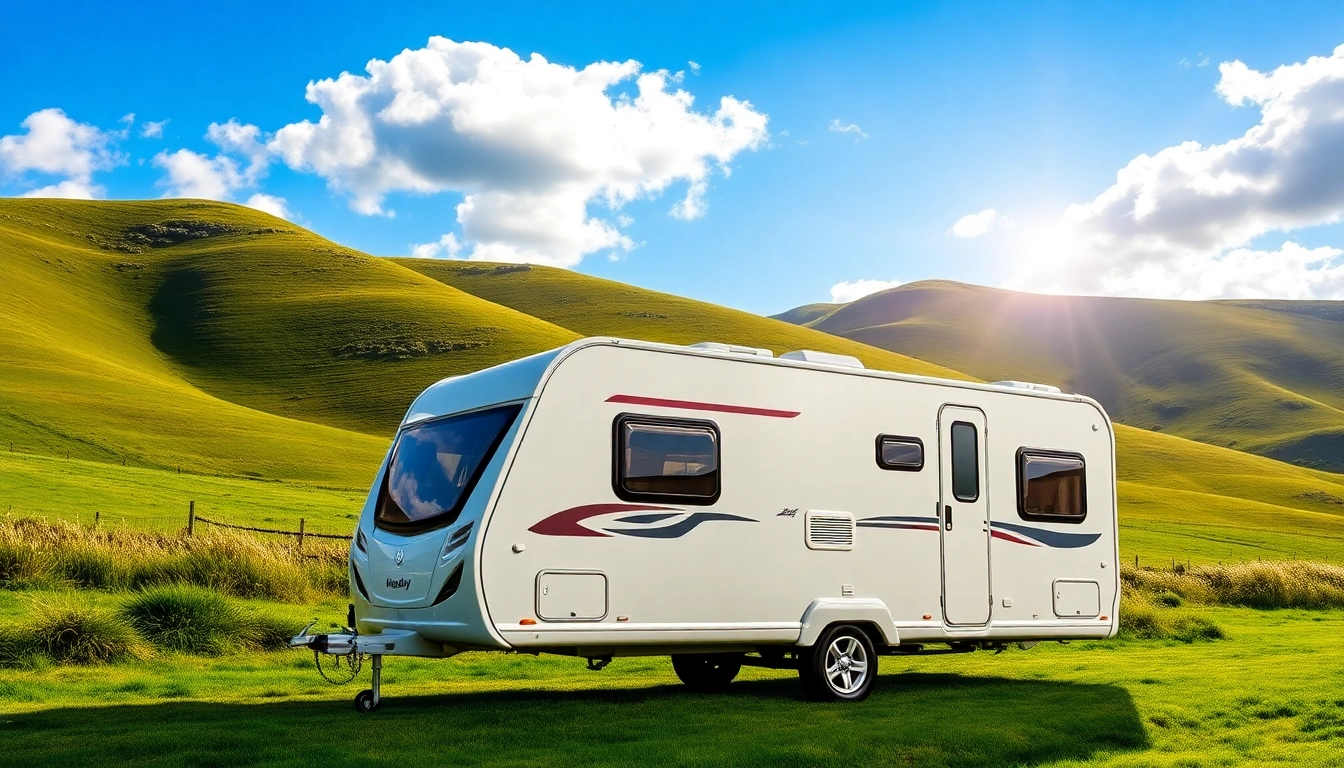 Experience the charm of Hugh Daly Caravans set against a picturesque landscape.