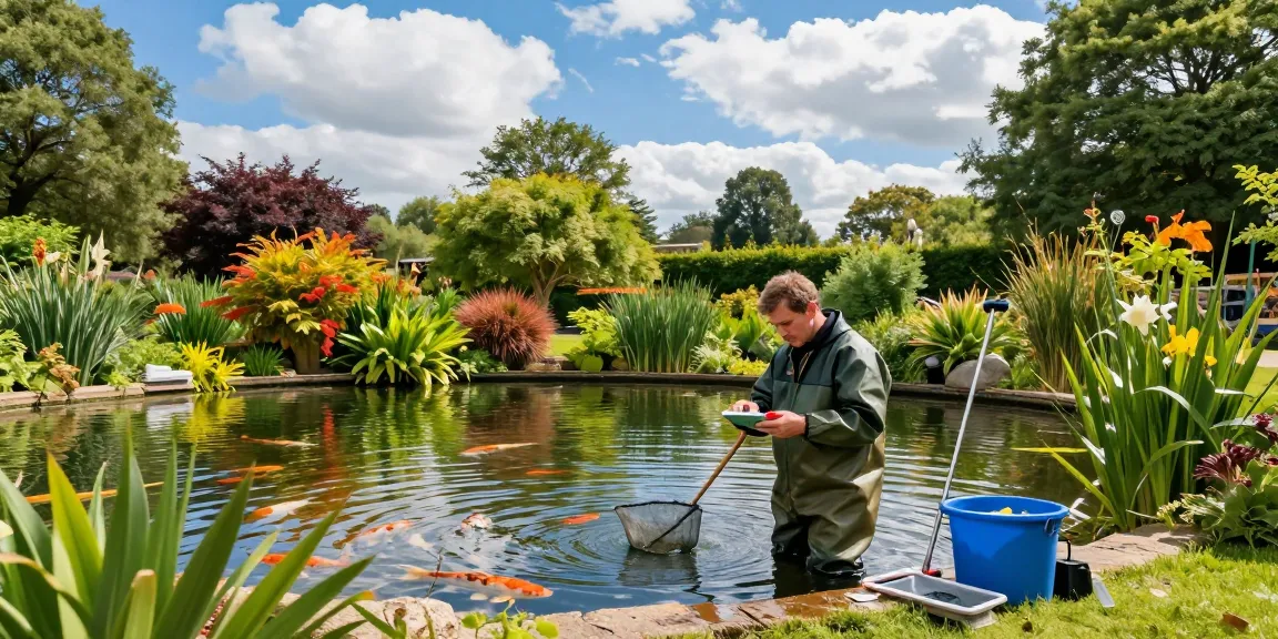 Professional Pond Cleaning Surrey expert testing water quality in a serene pond environment.
