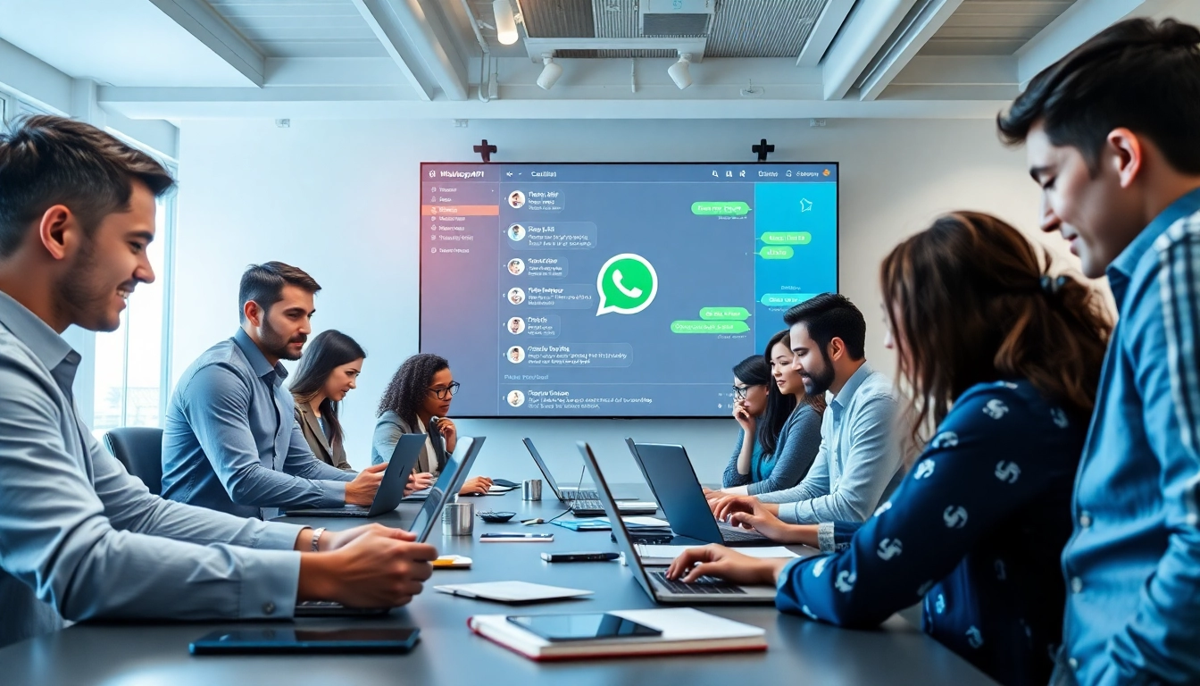Depicting a WhatsApp API interface within a collaborative tech workspace, showcasing modern communication.