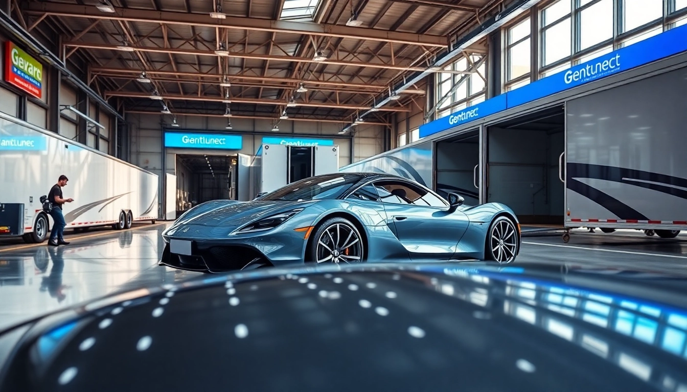 Access premium services at https://luxuryautocarriers.com showcasing luxury car transport in a modern facility.