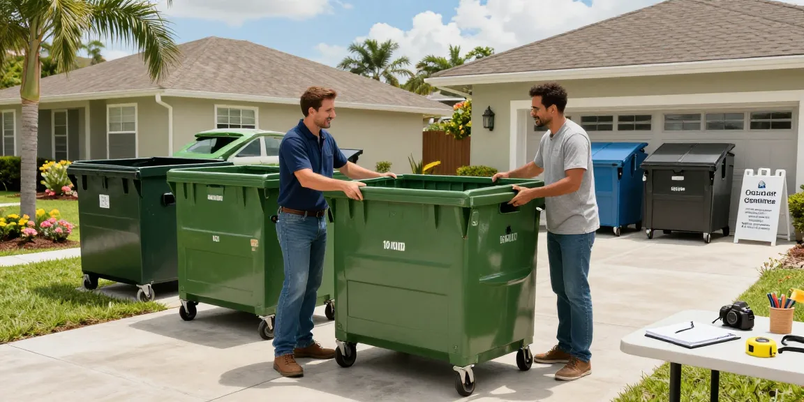 Friendly All County Dumpsters employee assisting with dumpster rental in Boca Raton FL, showcasing various dumpster sizes outdoors.