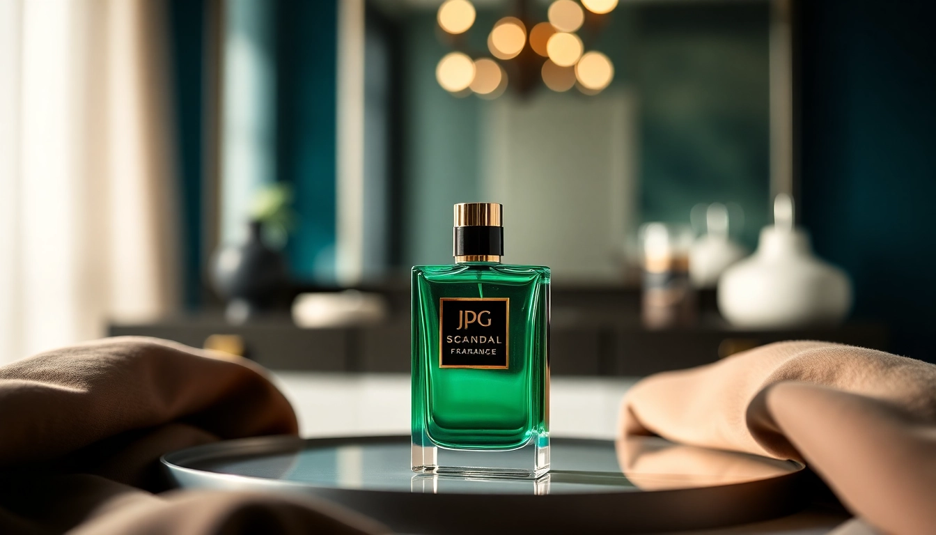 Capture the essence of Jpg Scandal with a luxurious fragrance bottle showcased in a stylish vanity setup.