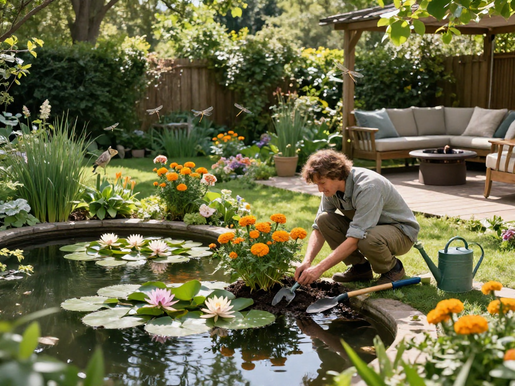 Gardener planting vibrant British pond plants in a serene backyard pond.