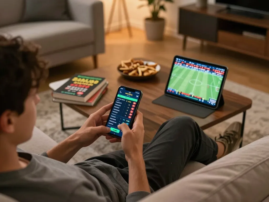 Kèo nhà cái displayed on smartphone as user engages with online sports betting from a cozy home setting.