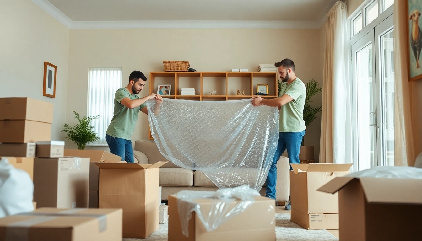 Movers and packers team expertly packing furniture in a warm living room setting.