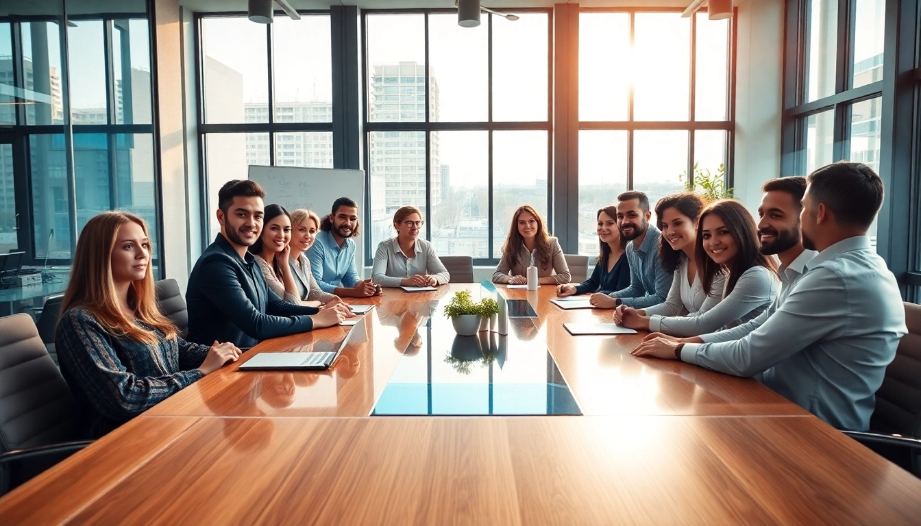 Engaged professionals collaborating in a business meeting in a modern office environment.
