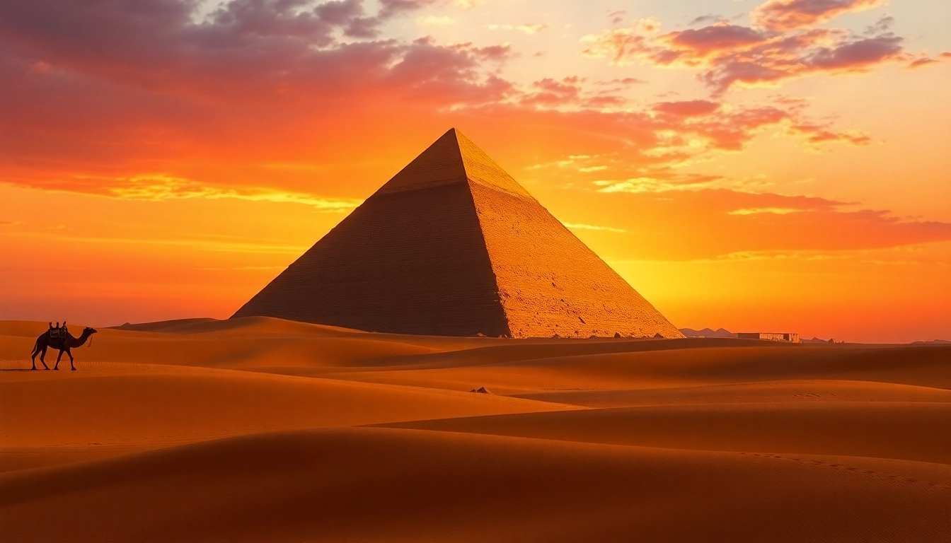 Pyraminds standing tall against a vibrant sunset, highlighting their ancient and historical significance.